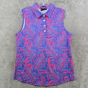Sunday Swagger Womens Medium  Caicos Sleeveless Polo Shirt Blue Pink Tropical
